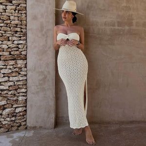 European and American Style Women's Summer New Sexy Bandeau off-Neck Hollow Knitted Slit Midi Dress Wholesale