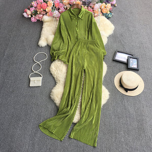 2023New European and American StyleinsFashionable Candy-Colored Loose Folding Shirt+Elastic Trousers Suit Weight540g