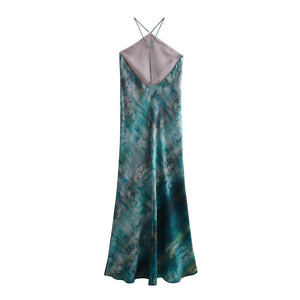 Foreign Trade2023Autumn New European and American Sexy Hanging Collar Backless Tie-Dye Maxi Dress Women8479150