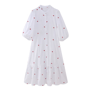 Cross-Border Foreign Trade 2023 Women's Flower Embroidered Midi Dress Travel Vacation Ruffled Puff Sleeve Dress