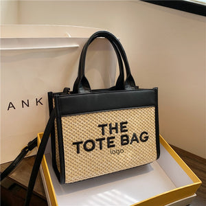 Straw Tote Bag Niche2023Women's Cross-Border Small Square Bag Letter Splicing tote bag Foreign Trade Handbags