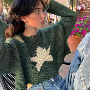 American Hot Girl Street Style Five-Pointed Star Contrast Color Sweater Women's New Loose and Idle Short Woolen TopinsTide