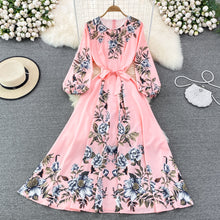 Load image into Gallery viewer, Spring and Autumn High-Grade round Neck Bubble Long Sleeve Waist Positioning PrintingaWord Dress Elegant Swing Long Dress