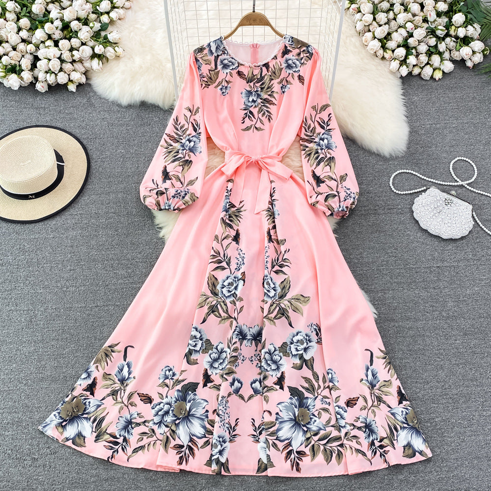 Spring and Autumn High-Grade round Neck Bubble Long Sleeve Waist Positioning PrintingaWord Dress Elegant Swing Long Dress