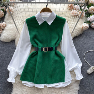 Light Luxury Socialite Suit Women's Loose Long Sleeve White Shirt Top+Slit Knitted Vest Jacket Two-Piece Set0.4kg