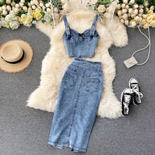 Load image into Gallery viewer, Hong Kong StyleinsWomen&#39;s suit2020New Women&#39;s Sexy Short Camisole High Waist Denim Skirt Fashion