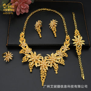 Cross-Border Middle East Bride Necklace Ring Earring Bracelet Four-Piece Indian Wedding Accessories Jewelry Set Wholesale