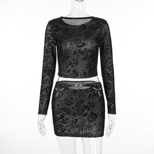 XY23386round Neck Flocking Printed Long-Sleeved Top High Waist Sexy Hollow Short Skirt European and American Fall New Suit