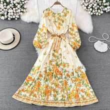 Load image into Gallery viewer, Spring and Autumn High-Grade round Neck Bubble Long Sleeve Waist Positioning PrintingaWord Dress Elegant Swing Long Dress