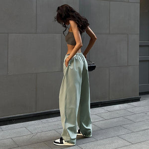 JY22278 European and American Street Fashion Trends Women's Simple Loose Trousers Drawstring Waist Casual Working Pants