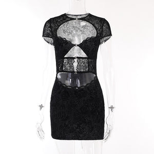 JY23463Autumn New Hot Girl Sexy Slim Hip Short Skirt Fashion Flocking Lace Hollow Dress Women