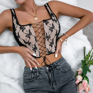 2023American Ultra Short Lace Stitching Sexy Fashion Butterfly Pure Desire Navel Cross Tied Spaghetti-StrapK0198