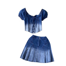 Load image into Gallery viewer, Gradient Color Denim Suit Women&#39;s Summer Retro Dignified Sense of Design Puff Sleeve Top Pleated Skirt Two-Piece Set