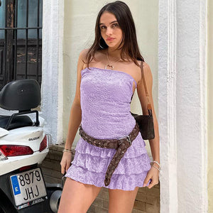 2023Summer Women's New Collection Hot Sale Street Hipster Sexy Pleated Skirt Lace Stitching Halter Hot Girl Dress