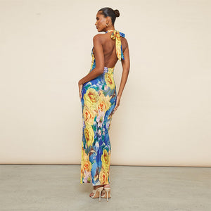 L23DS103European and American Women's Summer New Casual Printed Sleeveless Slim Backless Mesh Halter Long Dress