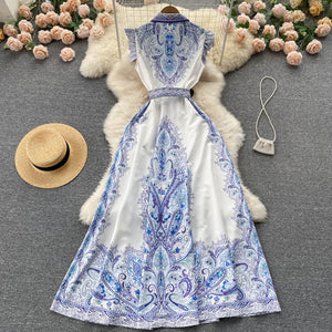 Court Style Retro High-End Dress for Women Summer Lace-up Waist-Controlled SlimmingPoloCollar Single-Breasted Shirtdress