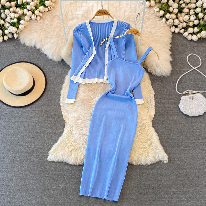 FashionvCollar Long Sleeve Knitted Top Shawl Cardigan Two-Piece Suit Mid-Length Tight Elastic Hip Dress