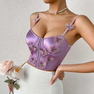 Spring and Summer New European and American Hot Lilac Lace Breasted Three-Dimensional Butterfly Girl Heart High Sense Vest