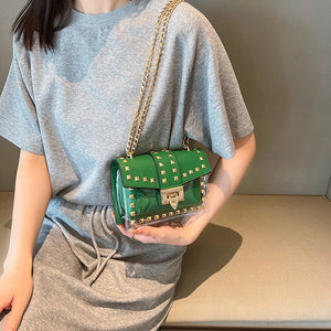 Transparent Rivet Bag Women2023New Women's Shoulder Messenger Bag Trendy Versatile Chain Bag Cross-Border Small Square Bag