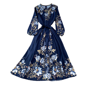 Spring and Autumn High-Grade round Neck Bubble Long Sleeve Waist Positioning PrintingaWord Dress Elegant Swing Long Dress