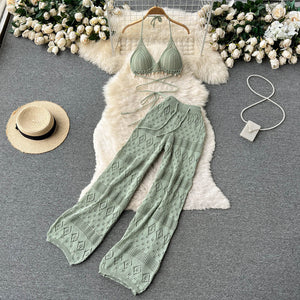 Straight Loose High Waist Slimming All-Match Mop Wide-Leg Trousers Lace-up Halterneck Short Top Two-Piece Hot Girl Suit