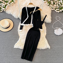 Load image into Gallery viewer, FashionvCollar Long Sleeve Knitted Top Shawl Cardigan Two-Piece Suit Mid-Length Tight Elastic Hip Dress