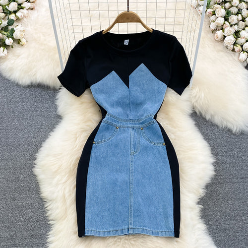 Retro Hong Kong Style Temperament Fake Two-Piece round Neck Short Sleeve Denim Slim Fit Patchwork Slimming and Short Sheath Dress Summer