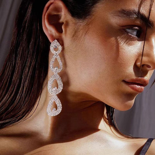 2023Super Flash Claw Chain Exaggerated European and American Earrings Women's Multi-Layer Drop-Shaped Full Diamond Long Earrings Bride Ornament Wholesale