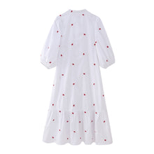 Load image into Gallery viewer, Cross-Border Foreign Trade 2023 Women&#39;s Flower Embroidered Midi Dress Travel Vacation Ruffled Puff Sleeve Dress