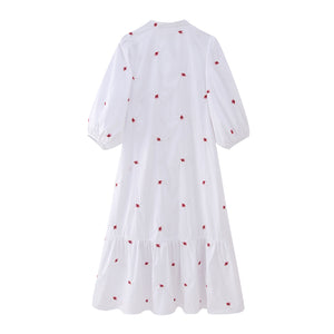 Cross-Border Foreign Trade 2023 Women's Flower Embroidered Midi Dress Travel Vacation Ruffled Puff Sleeve Dress