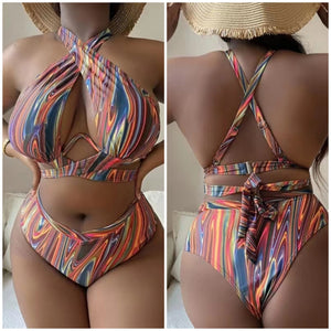 2023New Cross-Border Amazon European and American Sexy plus Size Printing Split High Waist Bikini Swimsuit Factory Wholesale