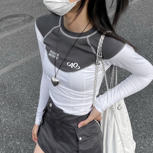 American Street Mechanical Style Bright Line Design Contrast ColorTWomen's T-shirt round Neck Letter Print Slim Long Sleeve Top Trendy