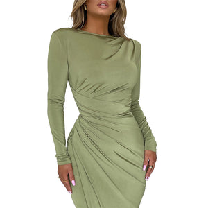 JY23441Europe and America Cross Border Waist Pleated Long Sleeve Dress2023Autumn New Sexy Waist Sheath Skirt