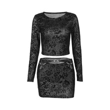 Load image into Gallery viewer, XY23386round Neck Flocking Printed Long-Sleeved Top High Waist Sexy Hollow Short Skirt European and American Fall New Suit