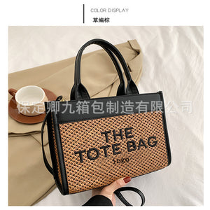 Straw Tote Bag Niche2023Women's Cross-Border Small Square Bag Letter Splicing tote bag Foreign Trade Handbags