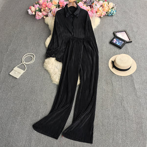 2023New European and American StyleinsFashionable Candy-Colored Loose Folding Shirt+Elastic Trousers Suit Weight540g