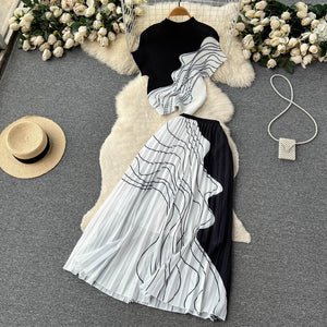 Summer Design Sense Niche Pleated Print Chiffon Top+High Waist Slimming Pleated Skirt Skirt Two-Piece Suit Fashion