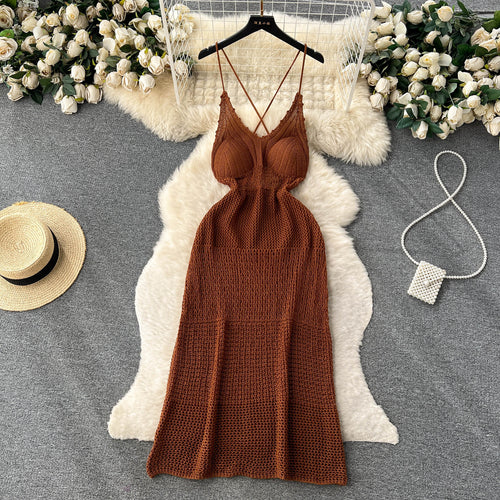 Summer Seaside Vacation Style Suspender Dress Women's Hollow Cross Backless Slim-Fit Figure Flattering Graceful Knitted Skirt Long Dress