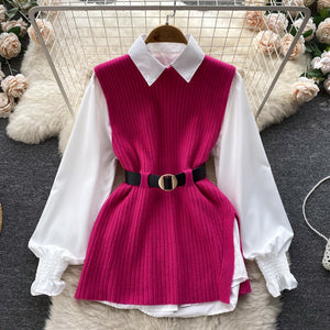 Light Luxury Socialite Suit Women's Loose Long Sleeve White Shirt Top+Slit Knitted Vest Jacket Two-Piece Set0.4kg