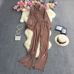 2023New European and American StyleinsFashionable Candy-Colored Loose Folding Shirt+Elastic Trousers Suit Weight540g