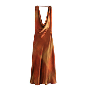 2023Summer New Women's Clothing European and American Style Draped Collar Silk Satin Textured Printed Dress8029439 703