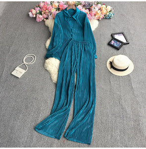 2023New European and American StyleinsFashionable Candy-Colored Loose Folding Shirt+Elastic Trousers Suit Weight540g