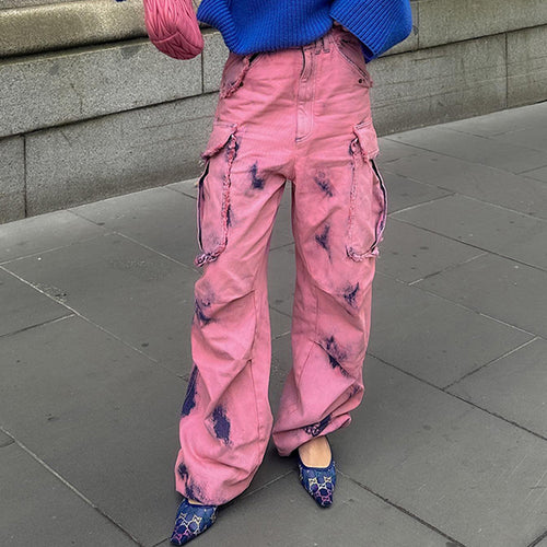 American Street Personalized Graffiti Printed Contrast Color Frayed Cargo Jeans Women's Low Waist Multi-Pocket Straight Casual Pants