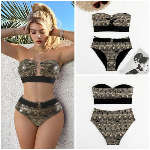 2023New Foreign Trade Amazon European and American Sexy Bronzing High Waist Split Bikini Women's Swimsuit Factory Wholesale