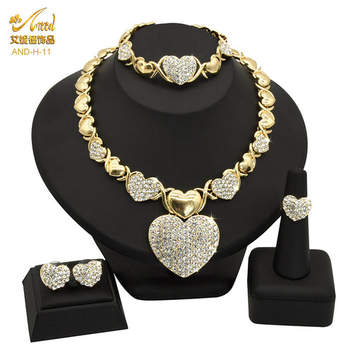 Cross-Border New Arrival Dubai 18K Gold Heart-Shaped Jewelry Set Bride Female Accessories Necklace Ring Earring Bracelet Wholesale