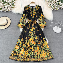 Load image into Gallery viewer, Spring and Autumn High-Grade round Neck Bubble Long Sleeve Waist Positioning PrintingaWord Dress Elegant Swing Long Dress