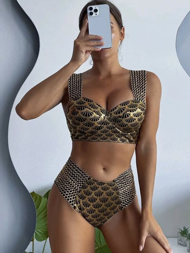2023New Popular European and American Amazon Fashion Sexy High Waist Gilding Women's Seperated Swimwear Professional Wholesale