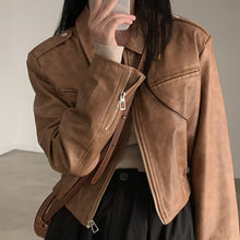 Load image into Gallery viewer, American Street Vintage Brown Motorcycle Leather Jacket Women Loose Short Zipper and LapelPUCoatinsTide