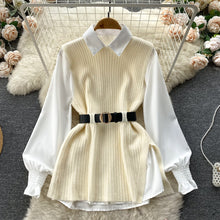 Load image into Gallery viewer, Light Luxury Socialite Suit Women&#39;s Loose Long Sleeve White Shirt Top+Slit Knitted Vest Jacket Two-Piece Set0.4kg