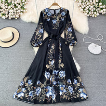 Load image into Gallery viewer, Spring and Autumn High-Grade round Neck Bubble Long Sleeve Waist Positioning PrintingaWord Dress Elegant Swing Long Dress